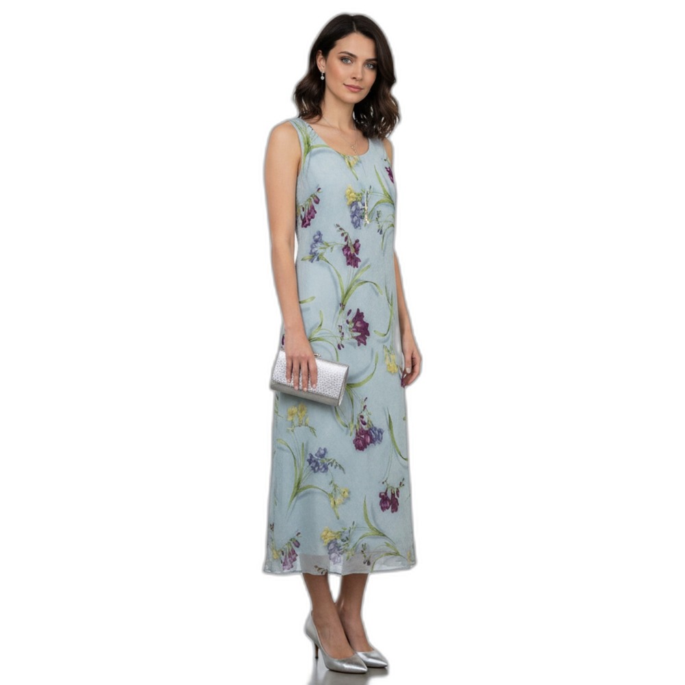 VIntage Dressbarn Sz 10 Blue Floral Textured Maxi Dress Cottagecore Fairy Fem‎